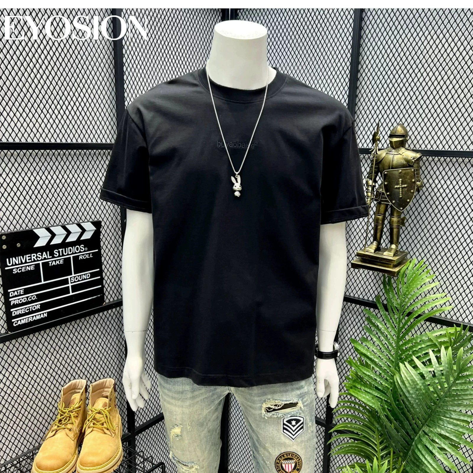 Men High Street Letter Patch Embroidered T-Shirt Rivet Heavy Weight Casual Tee gallery