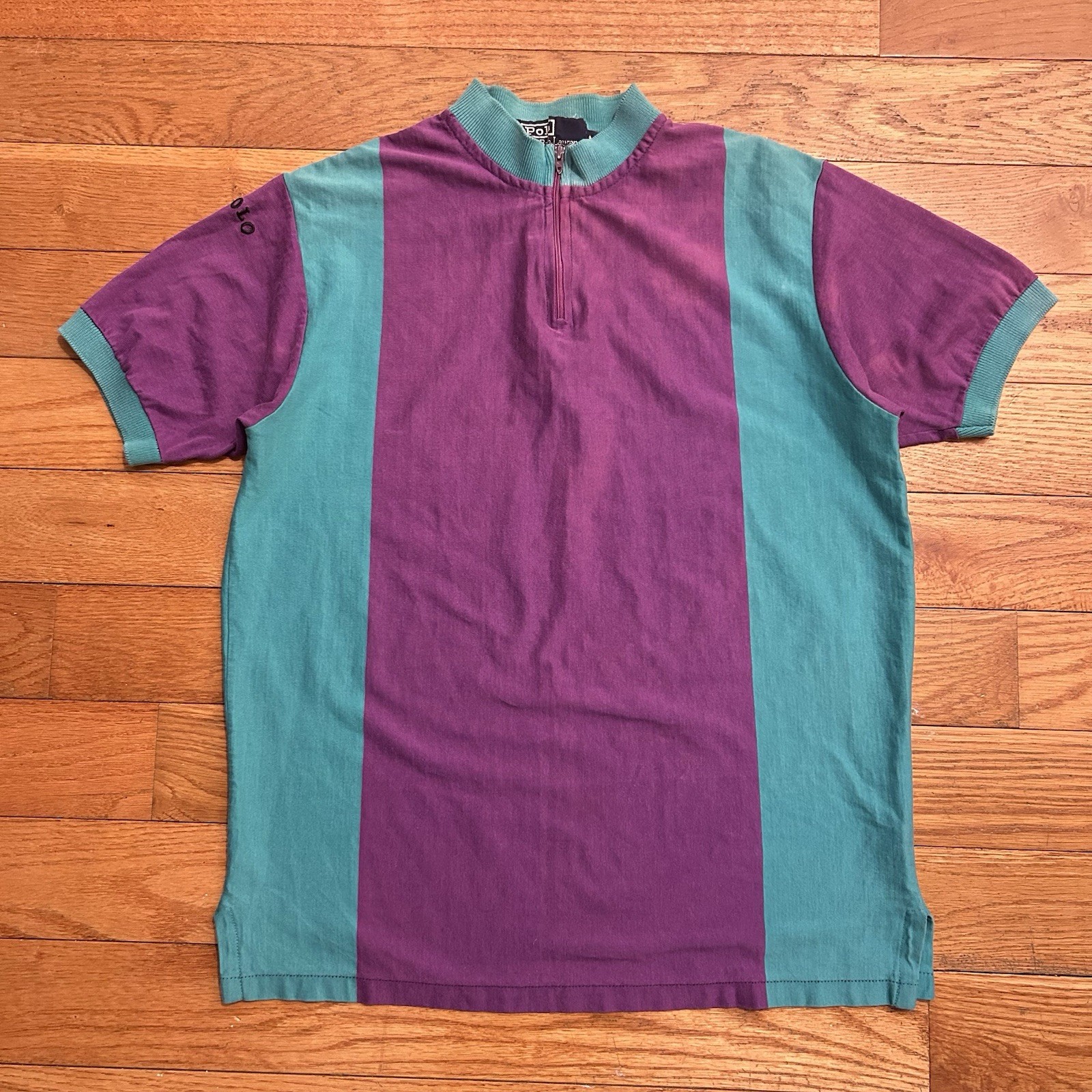 Vintage 80s Polo Ralph Lauren Striped Cycling Logo Jersey Zip Tee Shirt Medium gallery