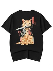 Niepce Samurai Swordart Cat Graphic Tee Japanese Streetwear Crewneck T-Shirt