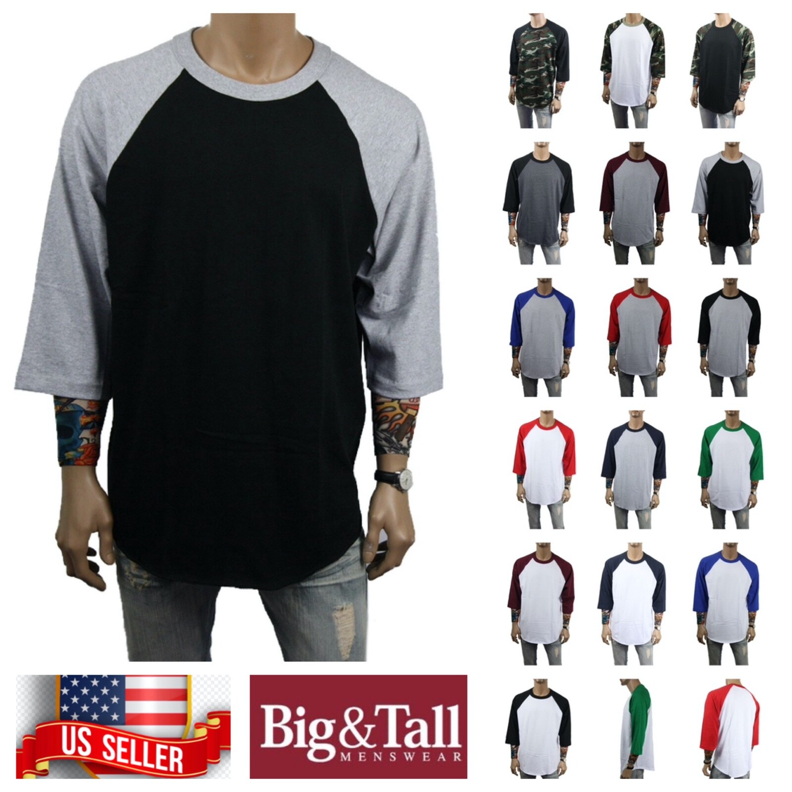 Men S-3XL Baseball Plain T-Shirt Lot 3/4 Sleeve Raglan Crew Neck Sports Jersey gallery