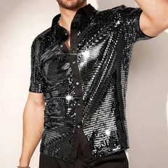 Men’s Silver Metallic Sequins Glitter Shirt Summer Breathable Sparkling Short Sl