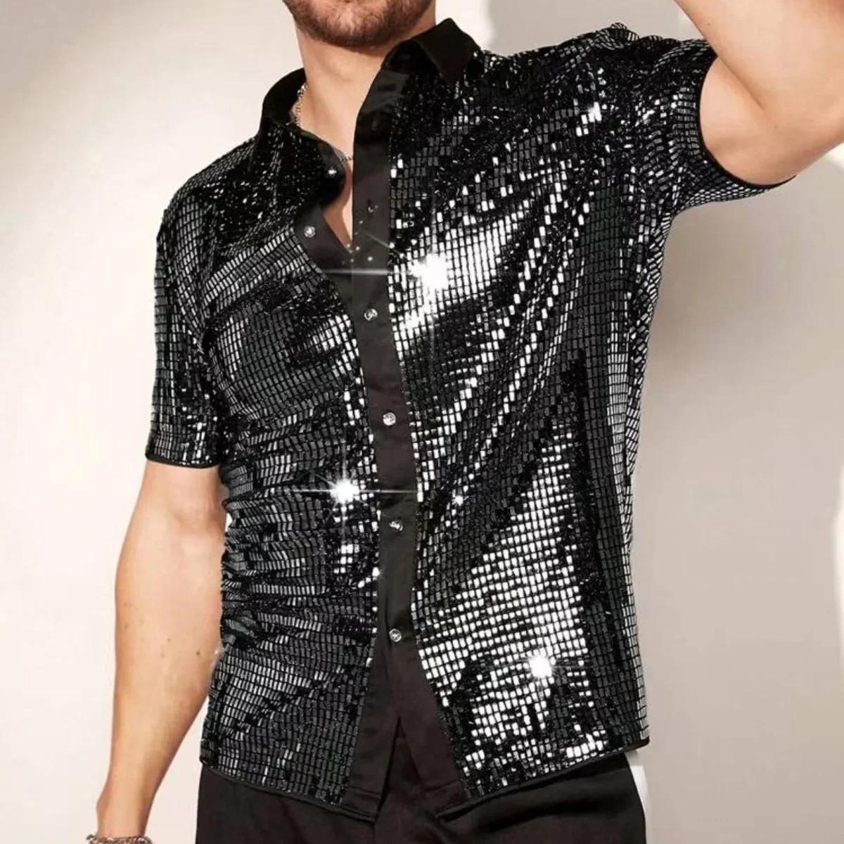 Men's Silver Metallic Sequins Glitter Shirt Summer Breathable Sparkling Short Sl gallery