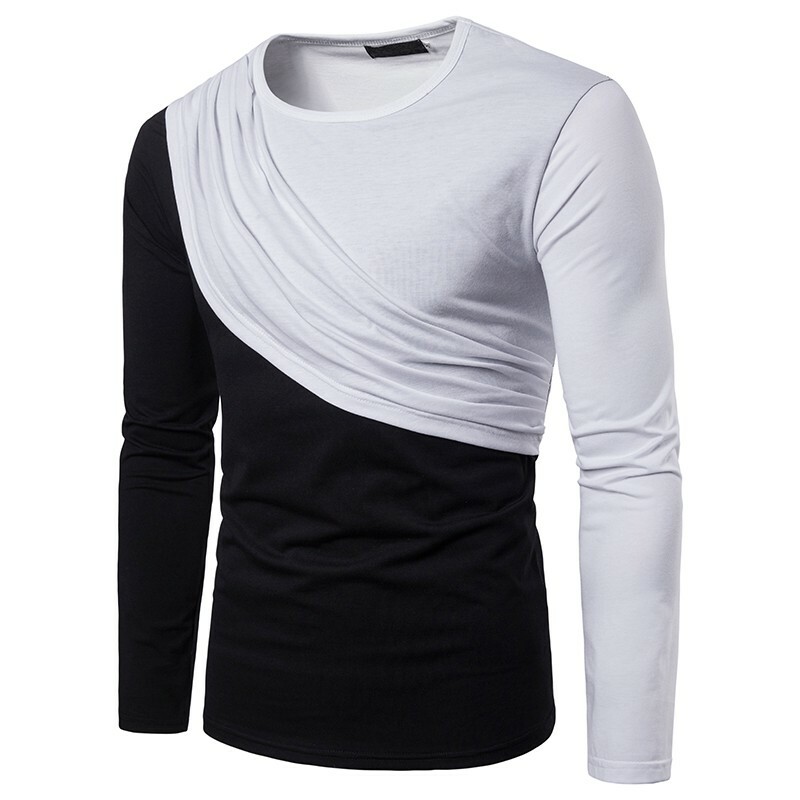 Men’s Western Style Crew Neck Pullover Casual Tops Long Sleeve T-Shirt Splice B
