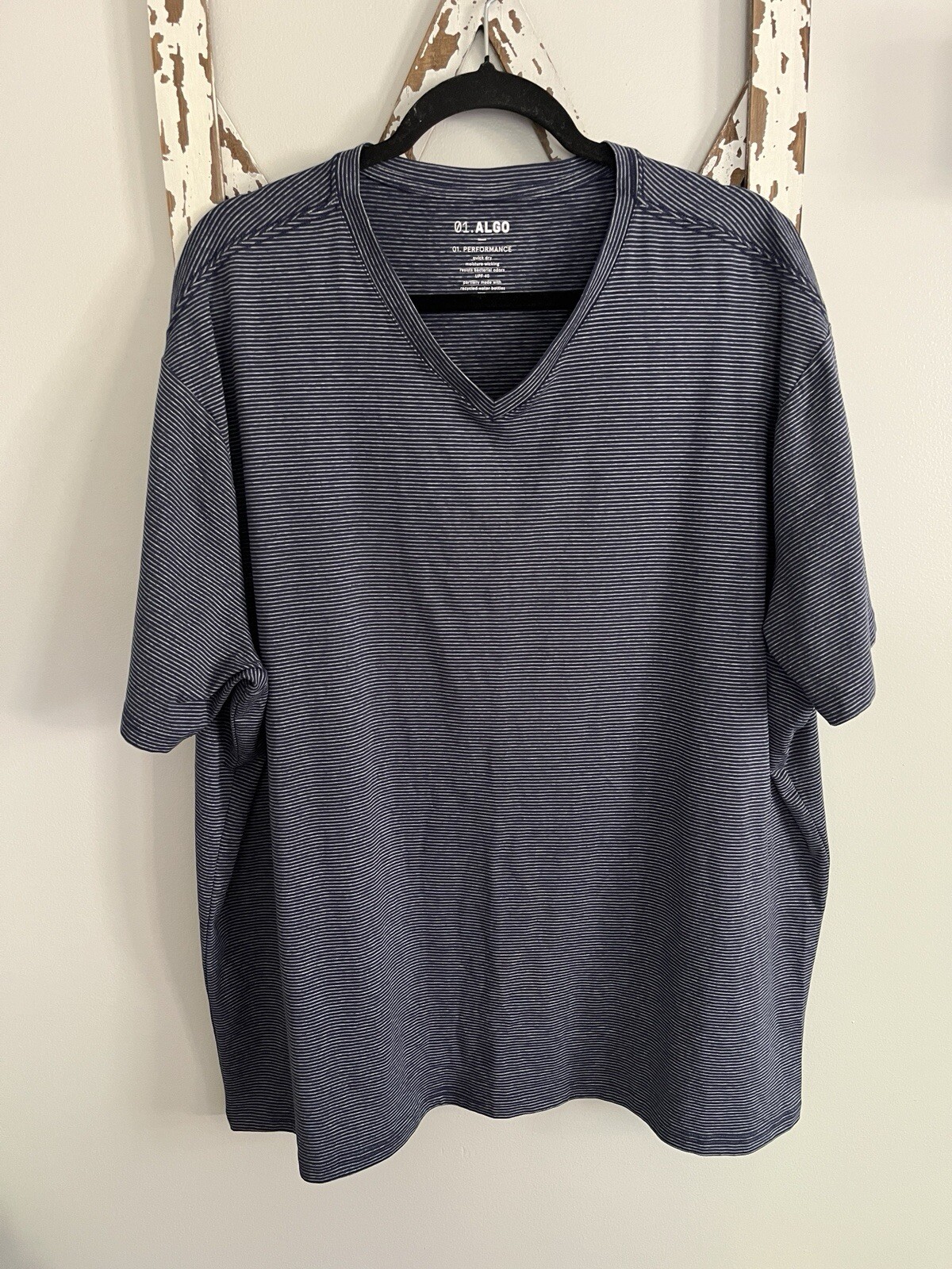 01.Algo Mens Quick Dry Performance V-Neck Blue Stripe T-Shirt SPF 40 Size XXL