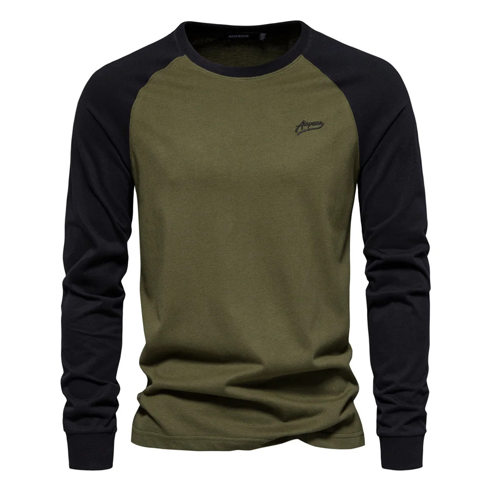 Men's T-shirts 100% Cotton Long Sleeve O-neck Pactwork Casual T Shirt gallery