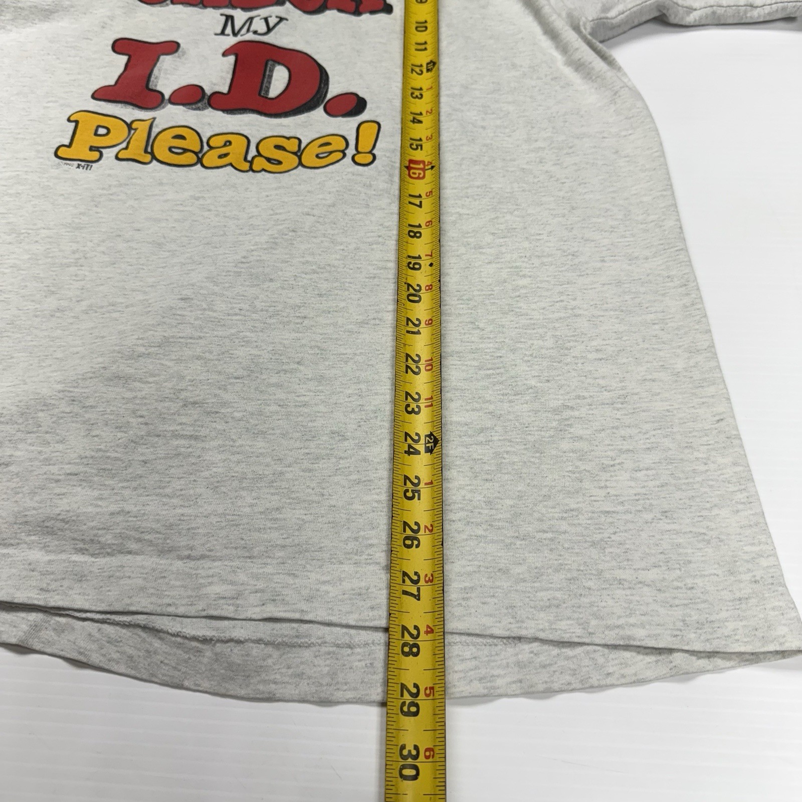 Vtg Funny Mens Shirt L 1992 Check my ID Age Joke Double Neck Gray Graphic USA gallery