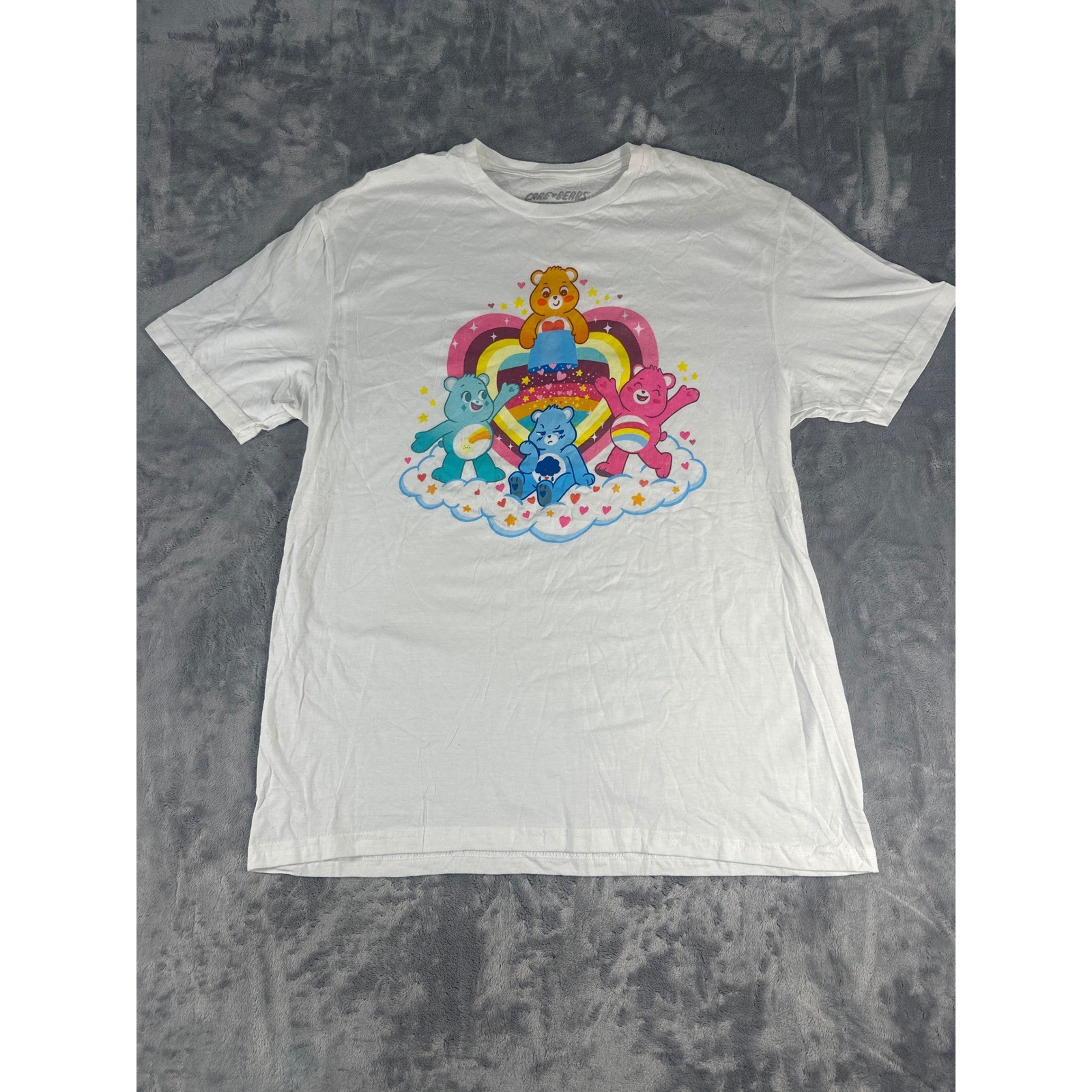 Care Bears Graphic T-Shirt White Large Cotton Rainbow Heart Threadless Licensed