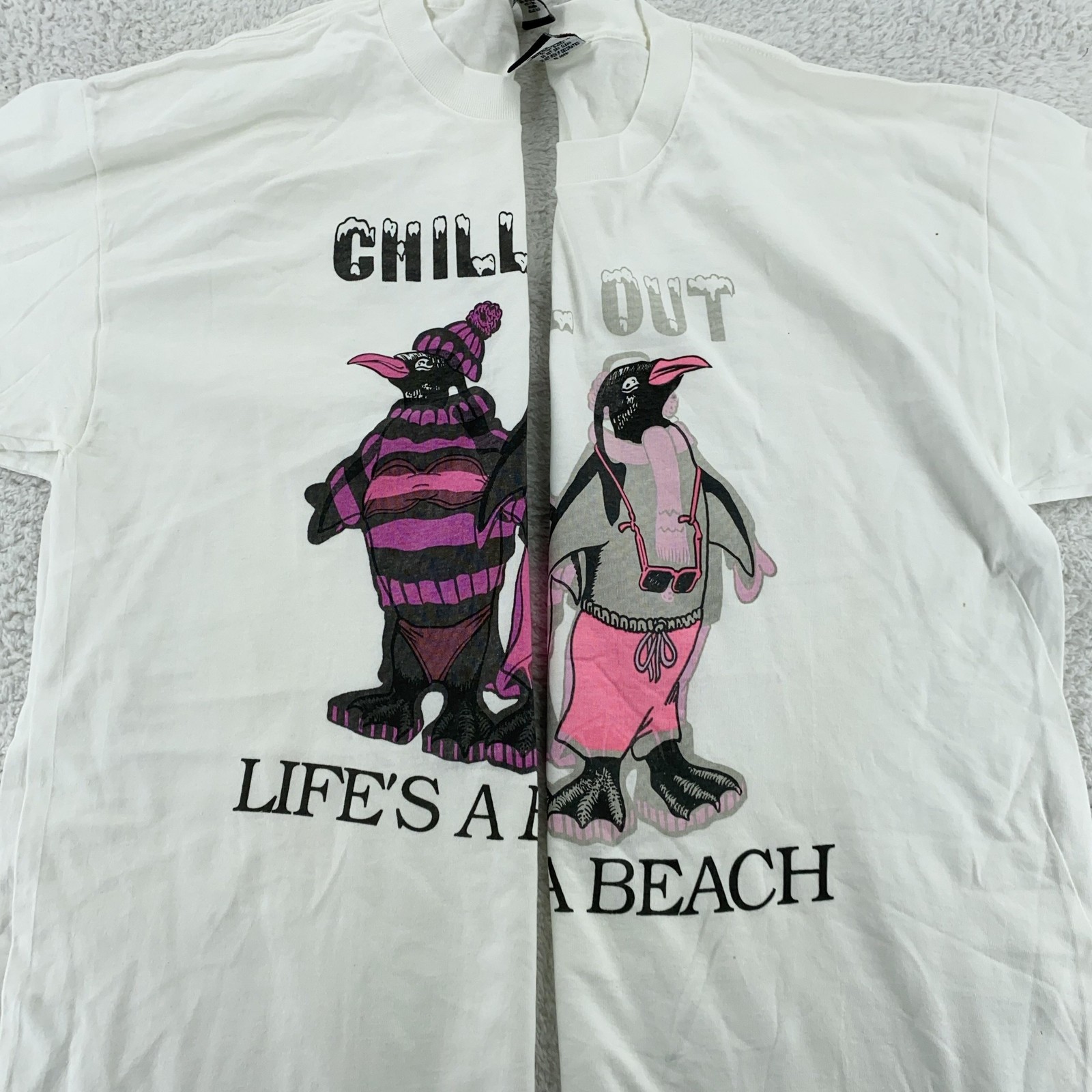 Vintage 90s Heat Color Changing Chill Out Life's a Beach T-Shirt Large Penguin gallery