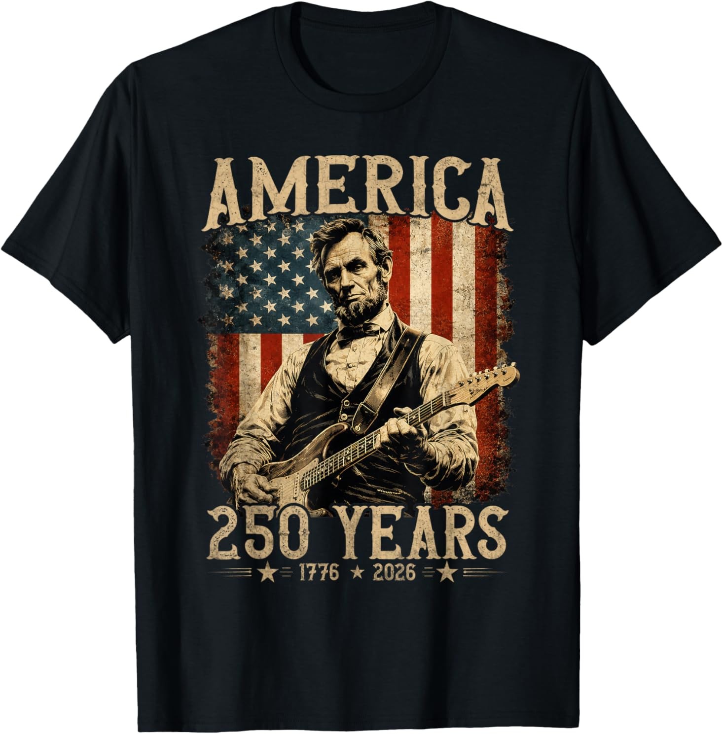 Abraham Lincoln Playing Guitar Rock and Roll American Flag T-Shirt