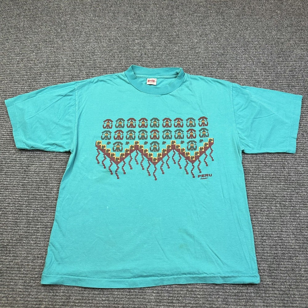 Vintage 90s Peru Aztec Graphic Single Stitch Kontiki T-Shirt Large 100% Cotton