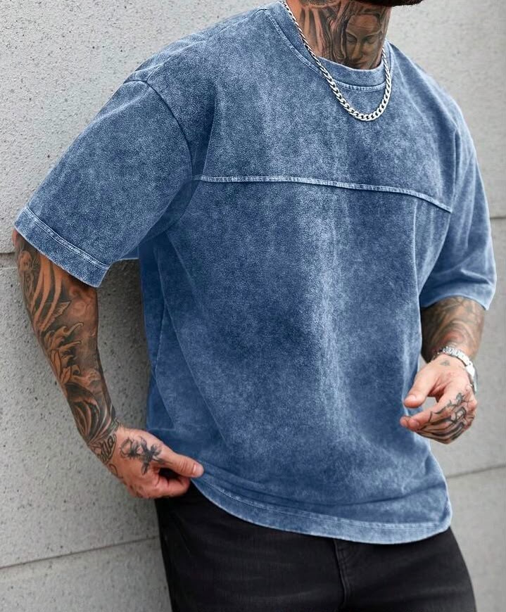 Men’s Acid Wash Blue T-Shirt Oversized Crew Neck Casual Streetwear Tee gallery