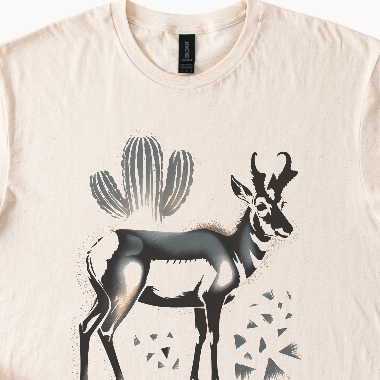 Desert Wildlife Graphic Tee Surreal Antelope Cactus Art Black gallery