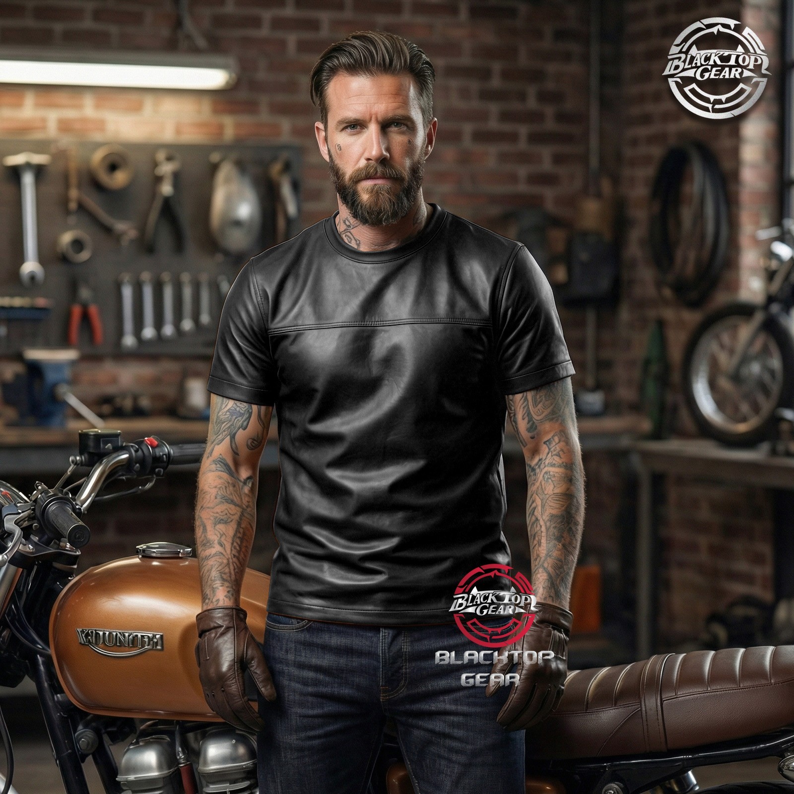 Men’s Genuine Lambskin Leather T-Shirt Black White Classic Leather Tee All sizes gallery