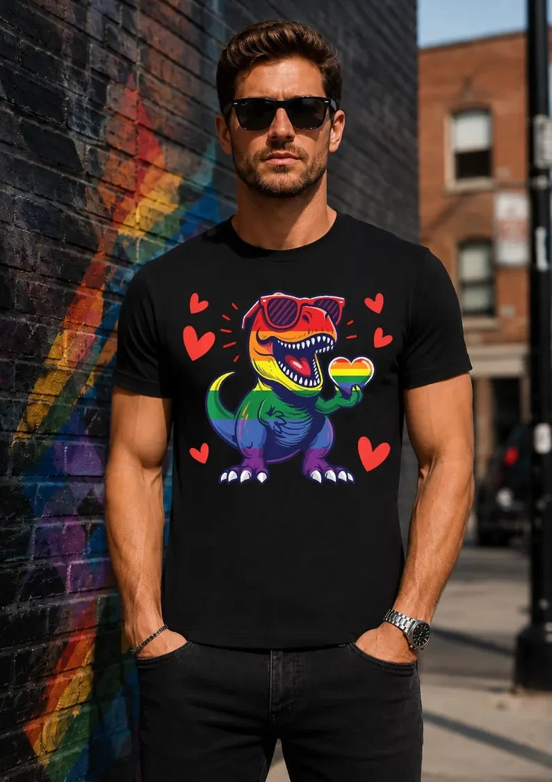 Cute Rainbow Dinosaur Pride Shirt, LGBTQ T Rex Rainbow Heart Tee gallery