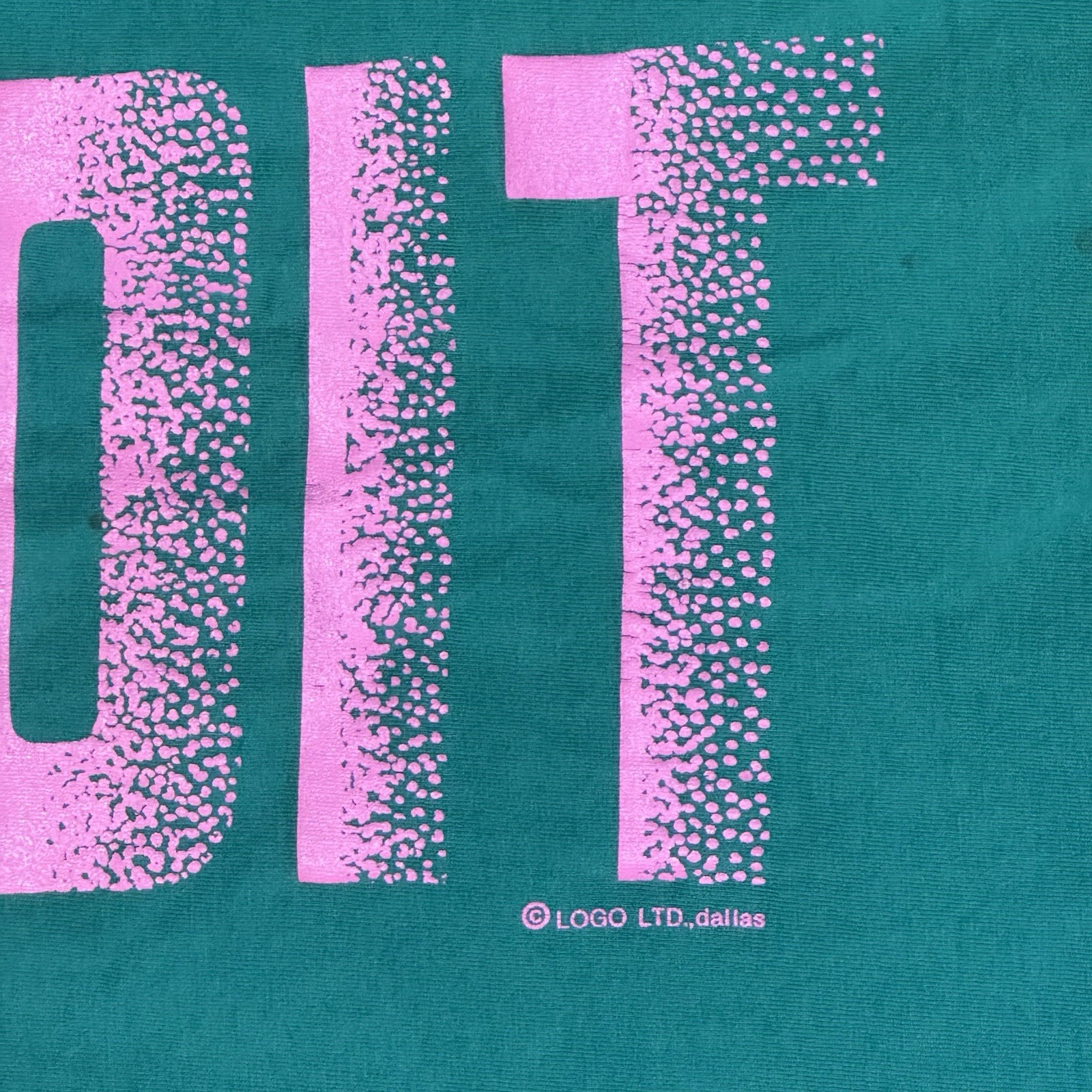 Vintage 90s Detroit Tall Tee T-Shirt OSFA Teal w/ Neon Pink Spellout Made In USA gallery