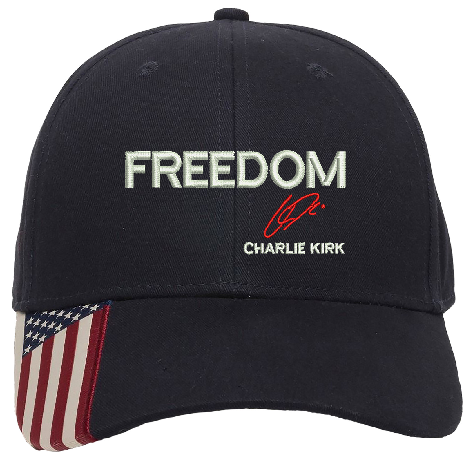 Freedom Charlie Kirk Signature Embroidered OFM Hat with US Flag on bill gallery