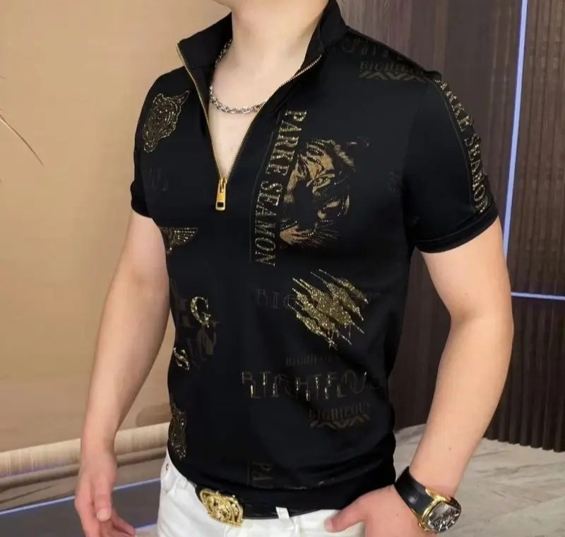 New Men Luxury Diamond Tiger Rhinestones Fashion Black Polo T-Shirt High Quality gallery