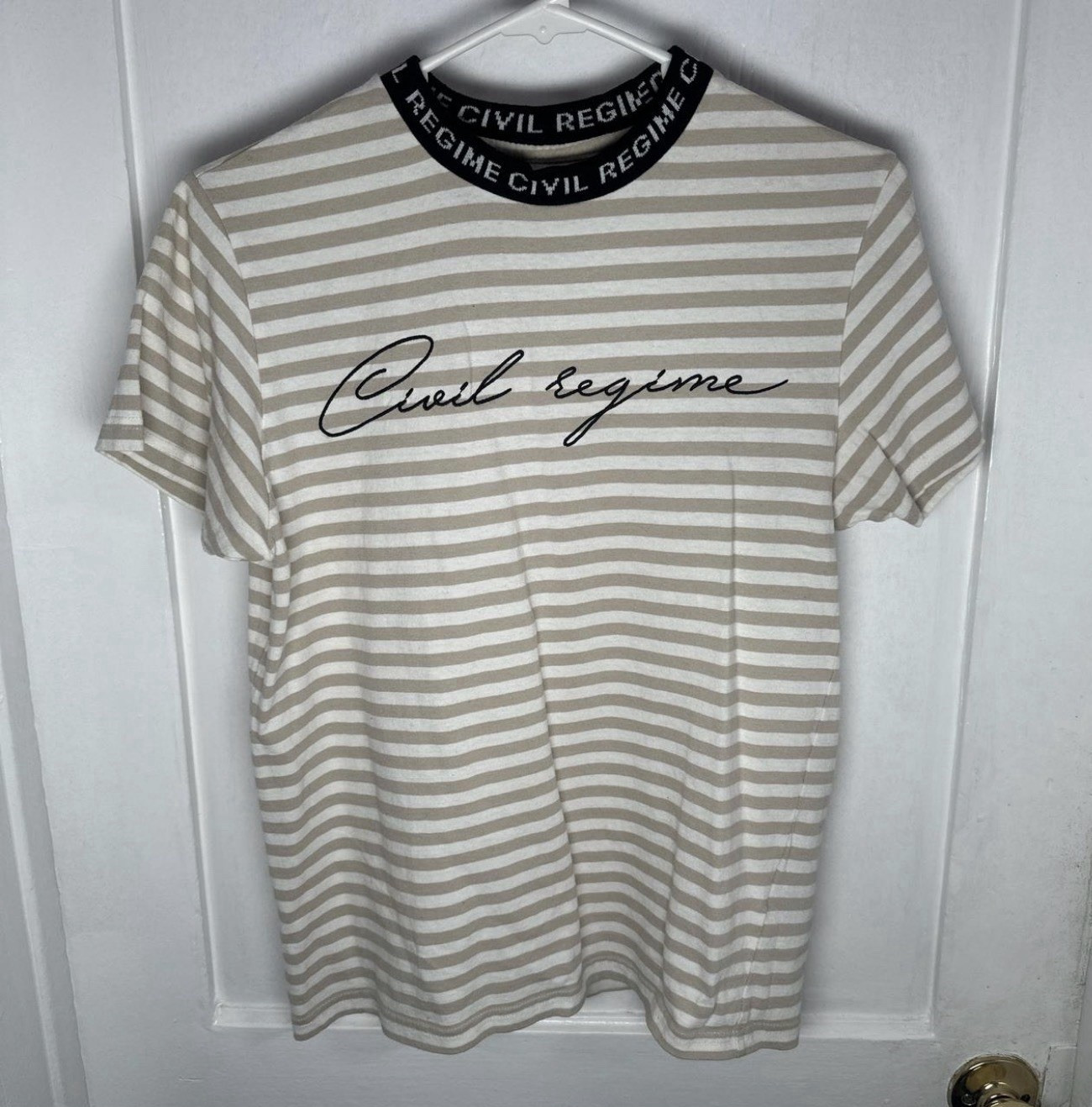 Civil Regime Men’s S Beige/White/Black Striped Logo Crew Neck Tee