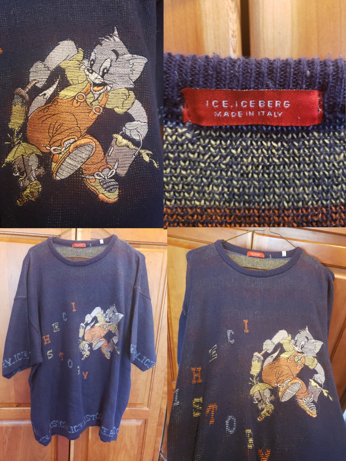 Vtg Iceberg History Tom and Jerry Cartoon SS Sweater Shirt Italy Size Large gallery