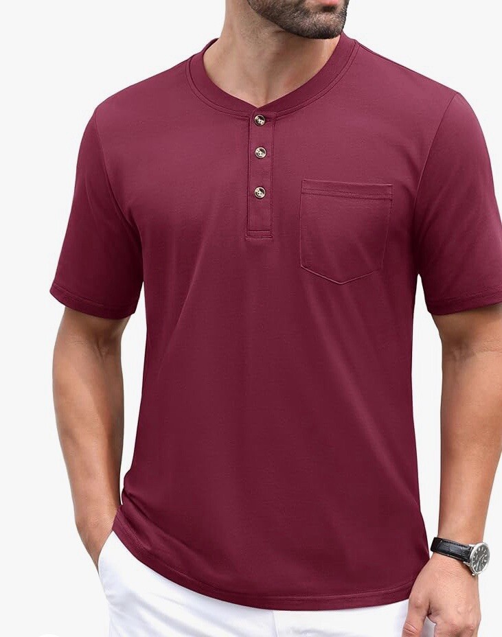 MAGCOMSEN Men's Henley Shirts Short Sleeve Pocket Tee Shirts Wine Red Size 2XL gallery