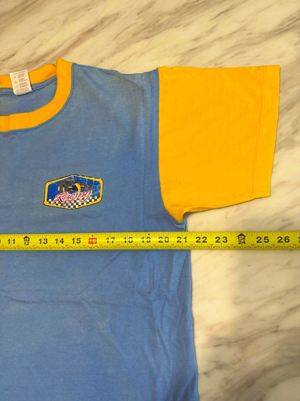 VTG Sunshine T shirt Racing Graphic Print Colorblock Blue Yellow L Short Sleeves gallery