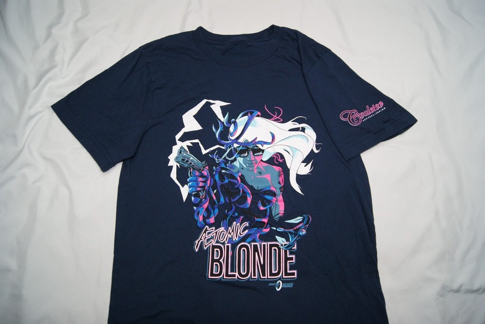 atomic blonde t-shirt men’s small navy blue graphic print short sleeve
