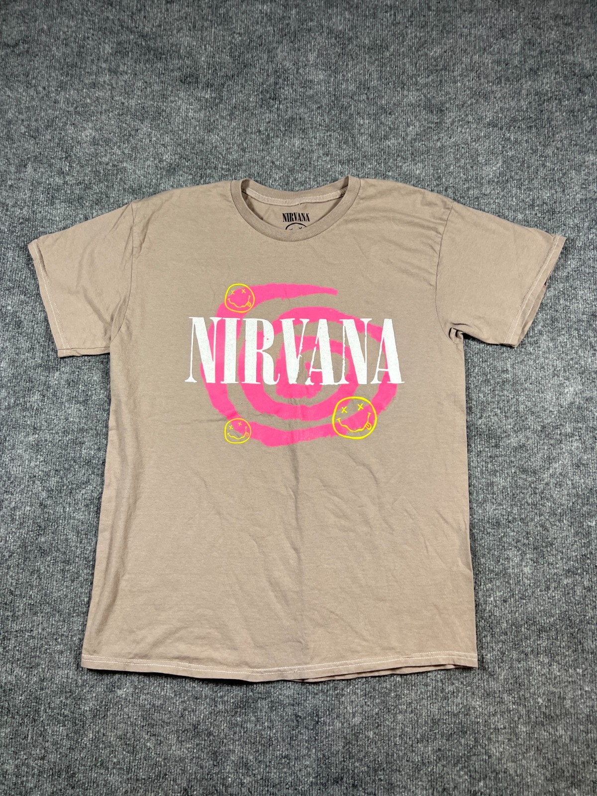Nirvana Band T Shirt Mens Medium Beige Cotton Happy Face Graphic Everyday Wear gallery