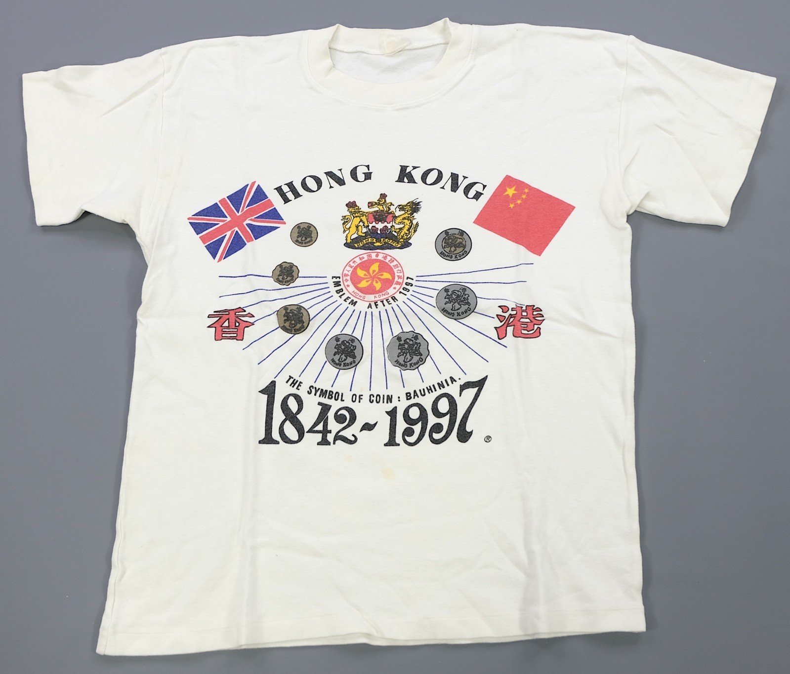 Rare Vintage Hong Kong Handover To China Coat of Arms Bauhinia 1997 T Shirt 90s gallery