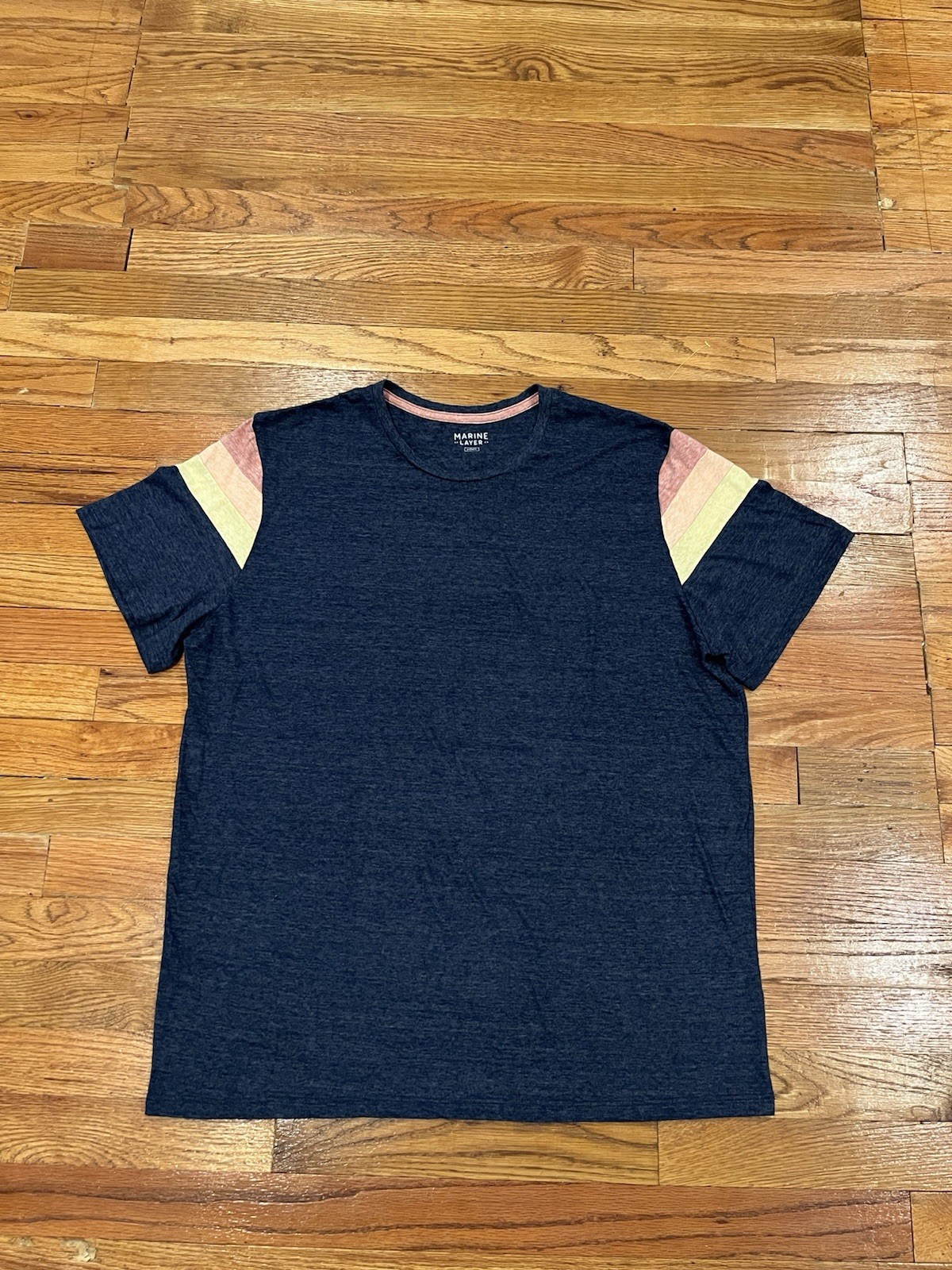 Marine Layer SS Striped Shoulder Bank Tee T Shirt Men L/XL Poly Cotton Rayon gallery