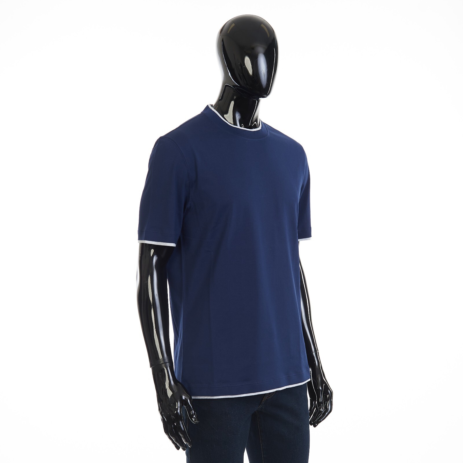 BRUNELLO CUCINELLI 550$ Crewneck Tshirt - Faux Layering, Dark Blue Cotton Jersey gallery