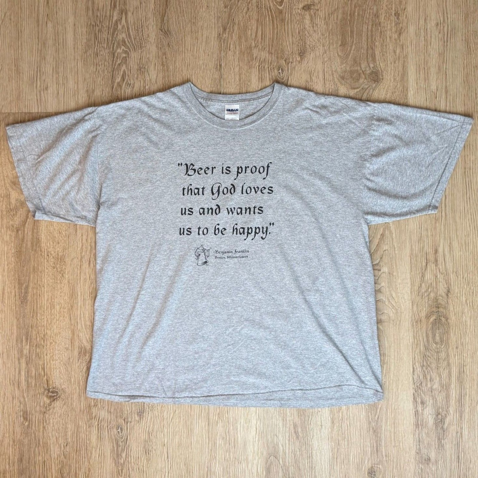 Gildan Graphic T-Shirt Beer Is Proof Quote Gray 2XL Funny Benjamin Franklin
