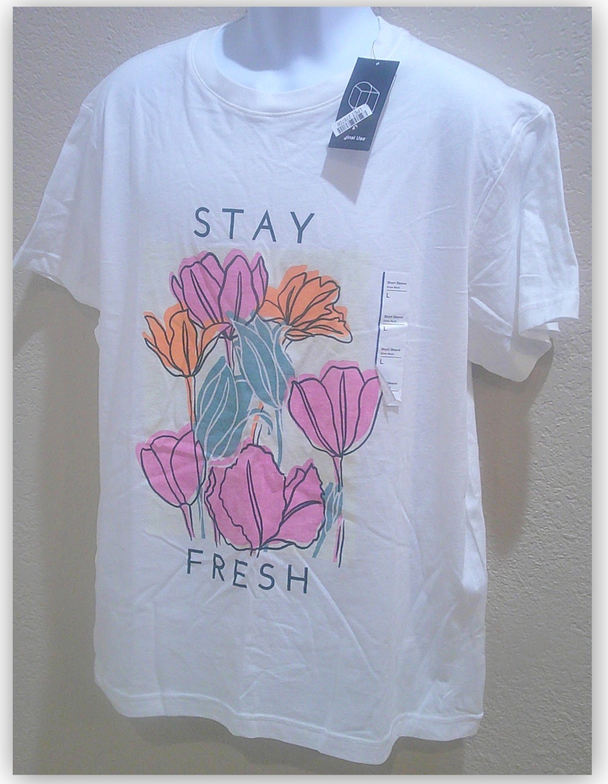 Short Sleeve White Graphic T-Shirt Flowers "Stay Fresh" Cotton Original Use gallery
