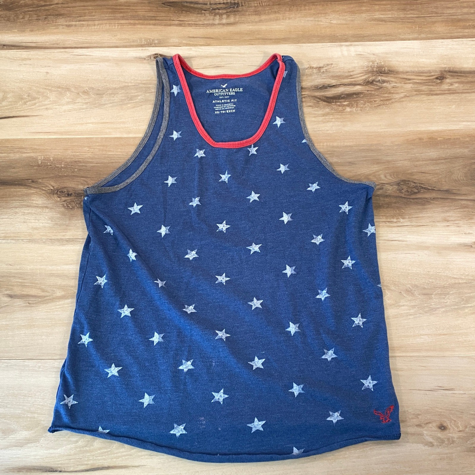 American Eagle Mens XS Blue Star Print Tank Top Patriotic Ringer Athletic Fit gallery