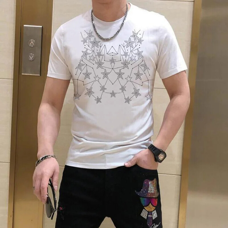 New Men Luxury Diamond Star Rhinestones Fashion Black White T-Shirt High Quality gallery