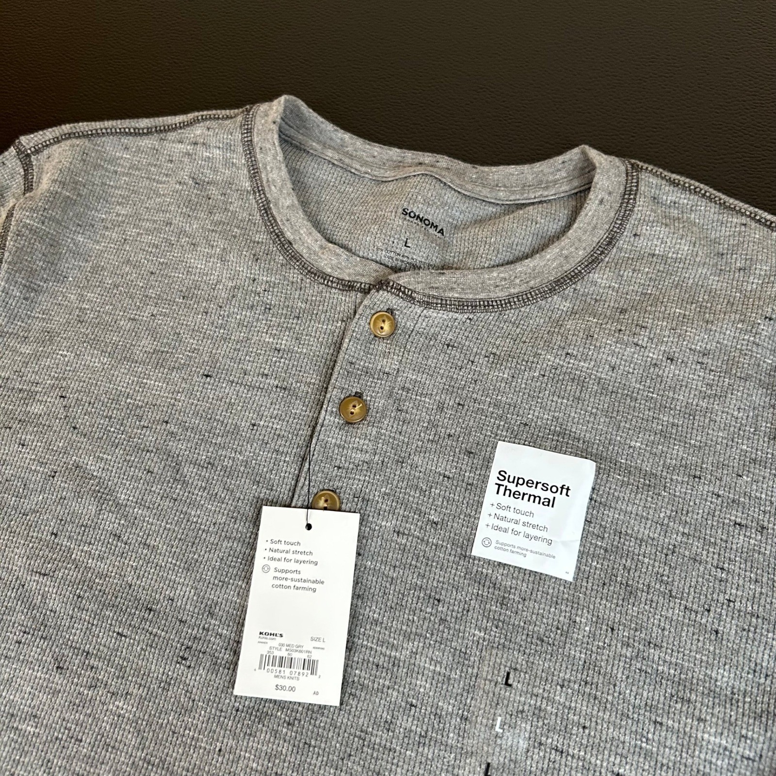 Sonoma Supersoft Thermal Henley Shirt Long Sleeve Layering Gray Mens Large NWT