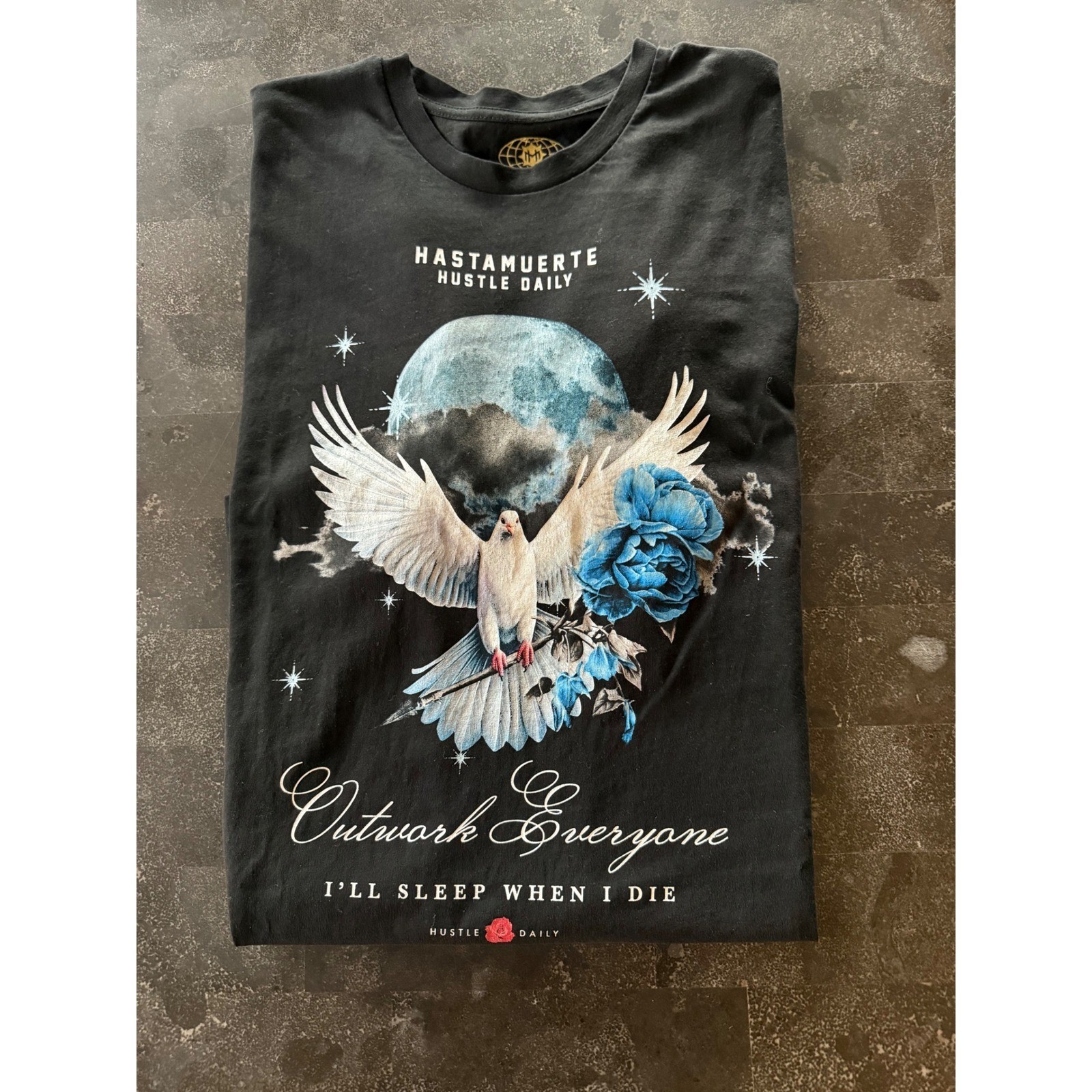Hasta Muerte Hustle Daily Outwork Everyone Graphic Tee Black XL Dove Rose Moon gallery