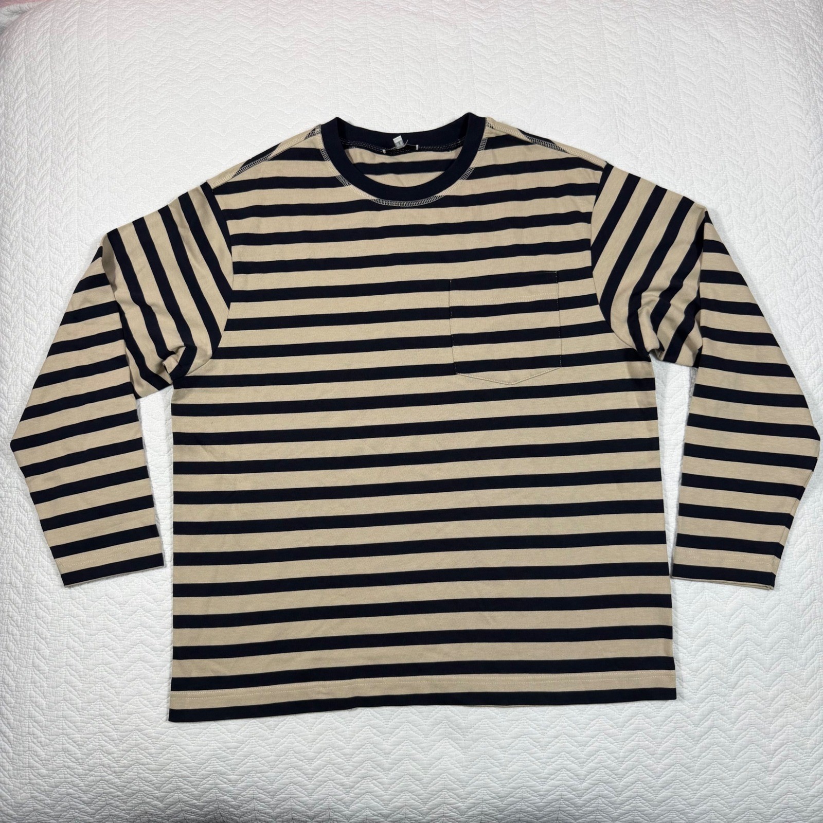 Reiss Perry Mens Long Sleeve Shirt L Striped Pocket Navy Tan Cotton Nautical gallery