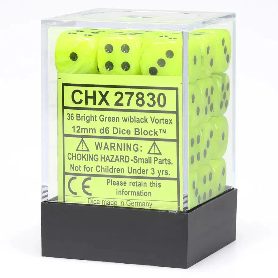 Chessex: Vortex Bright Green with Black – 36 [d6 Cube 12mm]