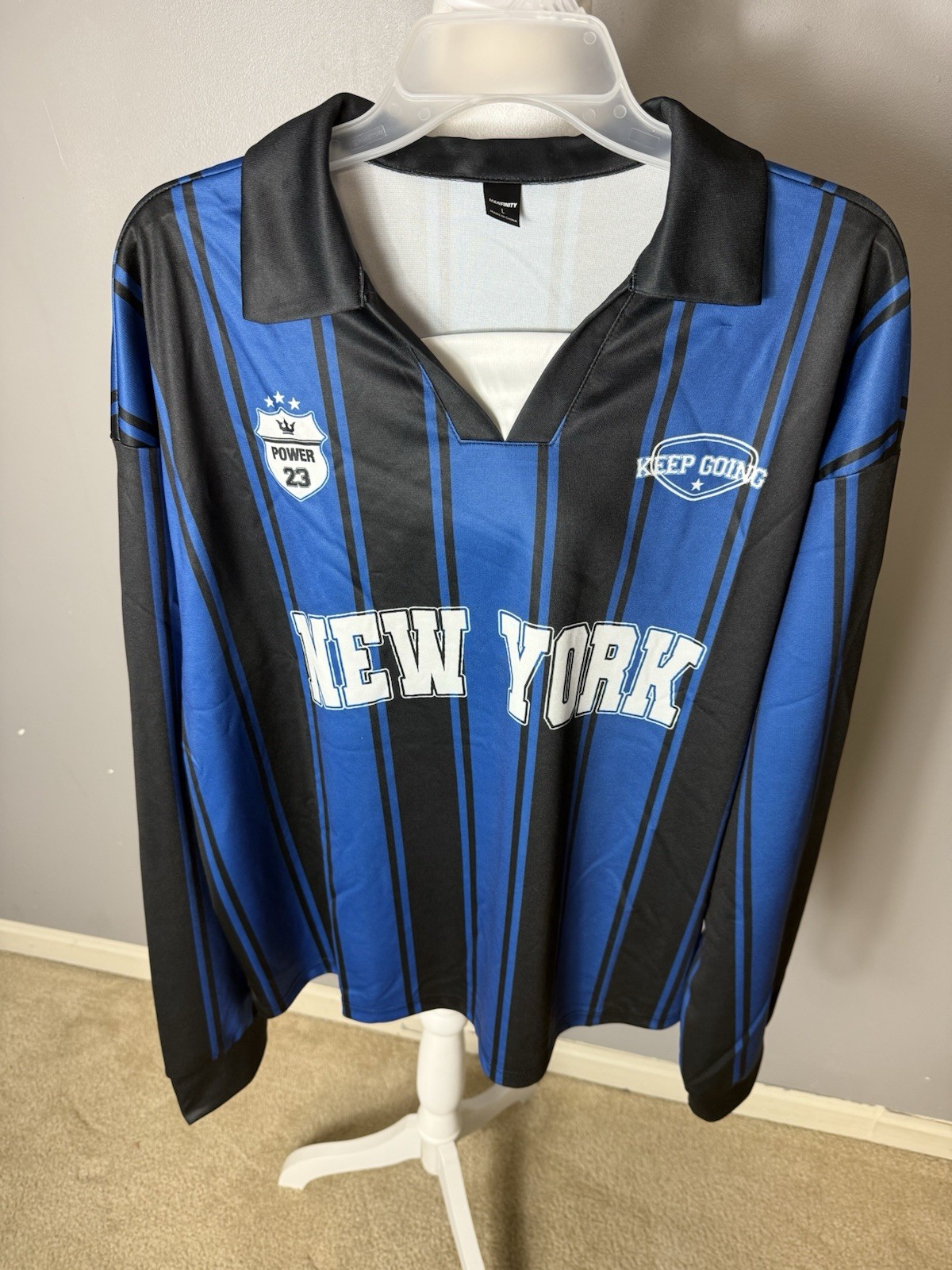 Men’s Manfinity Blue And Black Vertical Striped Casual Streetwear Large Shirt gallery