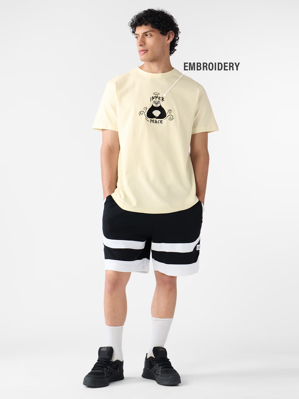 Kung Fu Panda Embroidery Details Textured T-Shirt Cotton Beige - Premium Fabric gallery