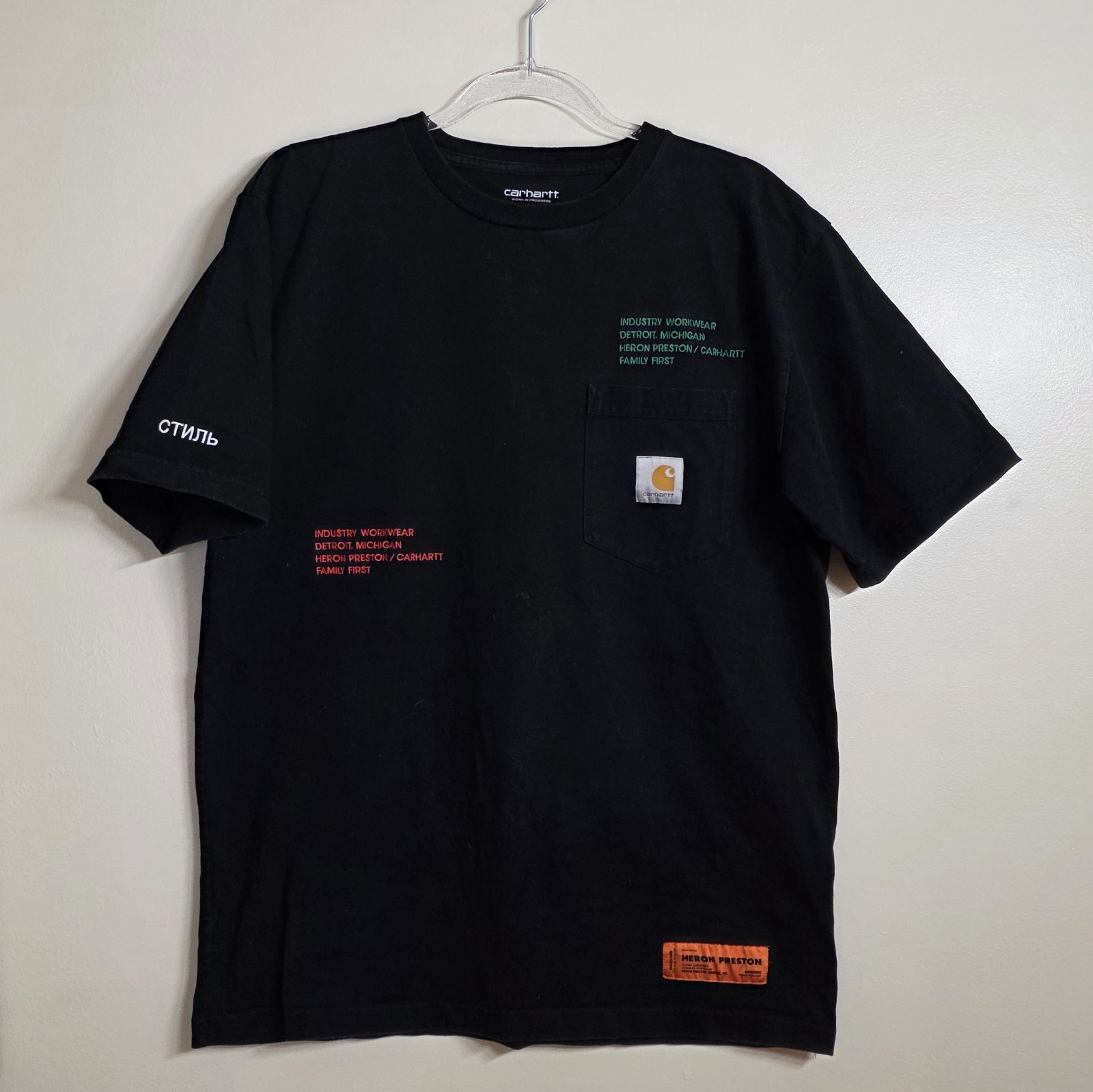 Carhartt Heron Preston Collab Mens T-Shirt Medium M Black Rare GRAIL EMBROIDERED