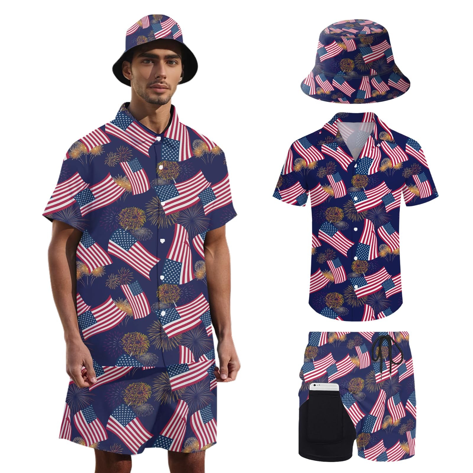 Men's American Flag Hawaiian Shirt and Short Set 2 Piece Patriotic USA Outfit... gallery