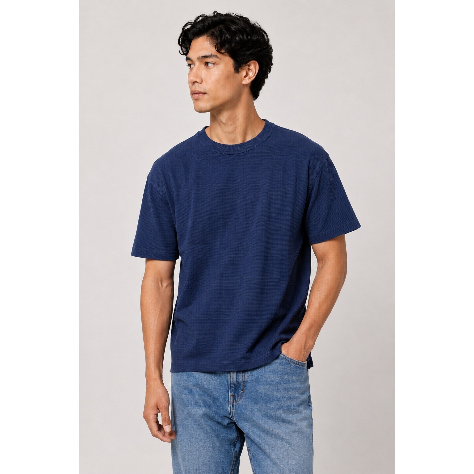 Mode of One Mens Ottoman Tee Caspian Waters Navy Blue Ribbed T-Shirt Medium NEW