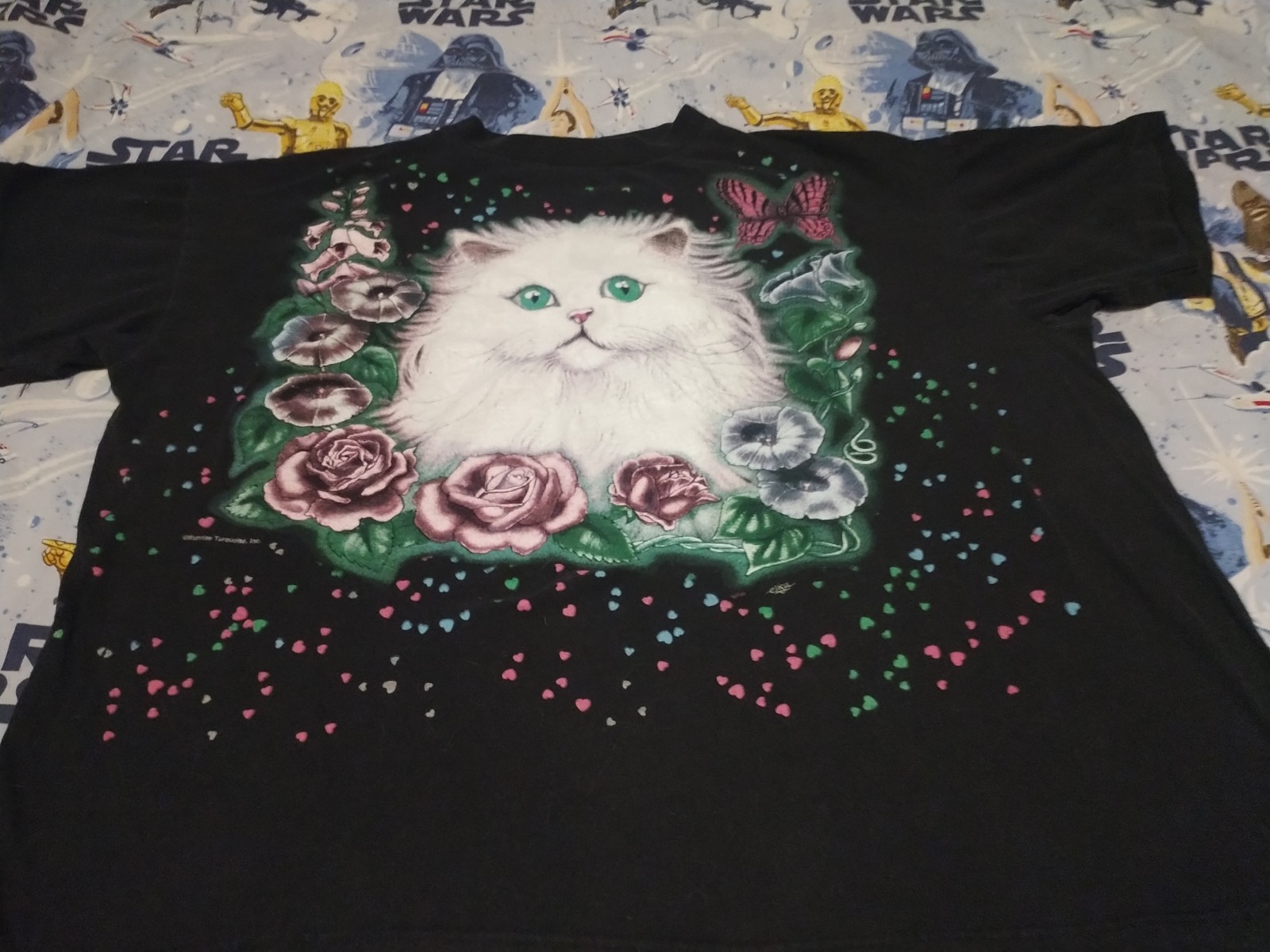 Vintage Cat Heart All Over Print Hearts XLarge Single Stitch See Measurement Pic gallery