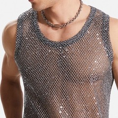 Men’s Glitter Sheer See Through Fishnet Tank Top Sexy Mesh Muscle Vest S 3XL