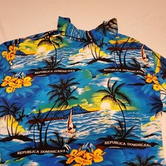 Dominican Caribbean Tropical Button Palm Tree Island Floral Shirt Yellow & Blue