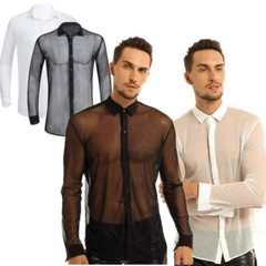Men’s Sexy See Through Button Down T-shirts Clubwear Mesh Sheer Long Sleeve Tops