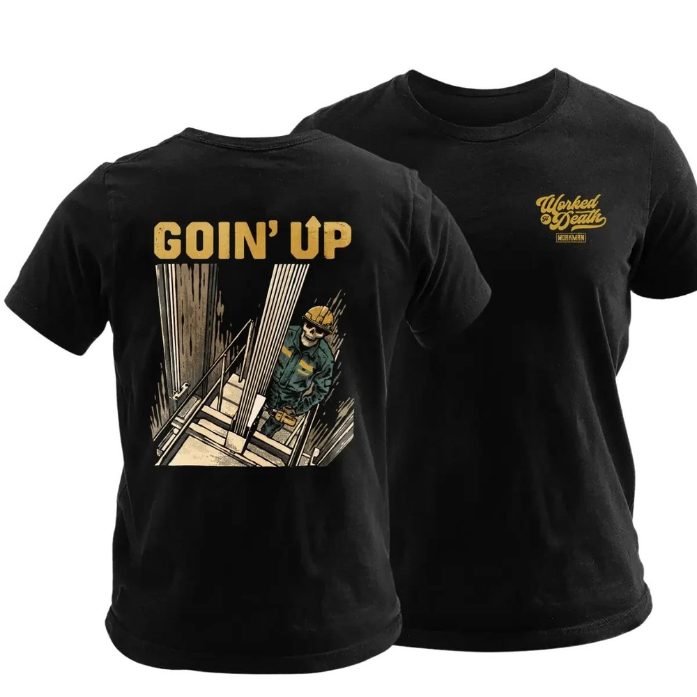 Goin’ Up Construction Worker T-Shirt, Elevator Construction Skeleton Graphic Tee