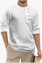 Runcati Men’s Linen Henley Shirt Long Sleeve White Crew Neck XL