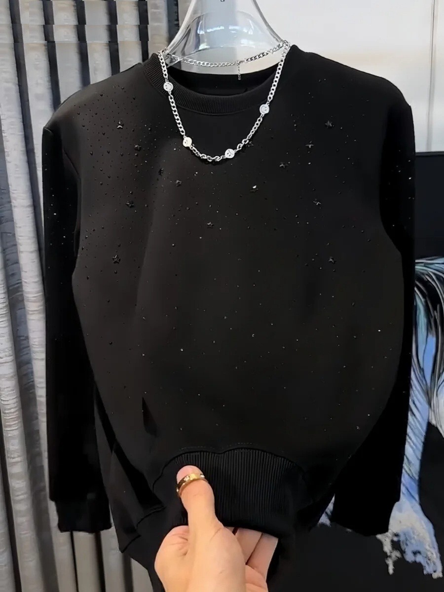Men Fashion Luxury Trend Star Drills Rhinestone Diamond Black Streetwear T-Shirt gallery